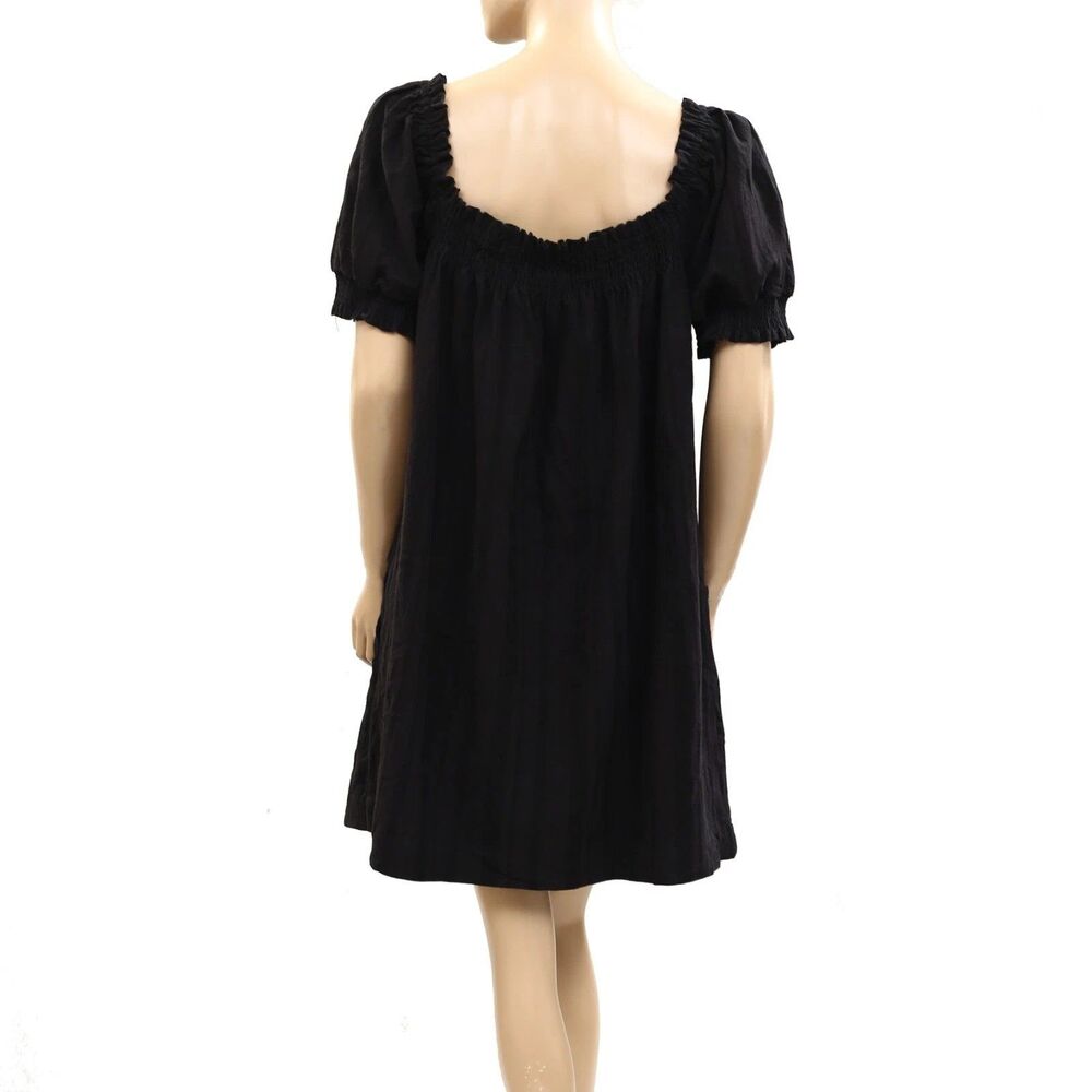 Free People Est Mila Mini Dress Smocked Puff Sleeve Shift Print Black XS 285429 - Picture 7 of 8